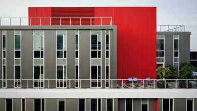 aerial photography of red and gray building