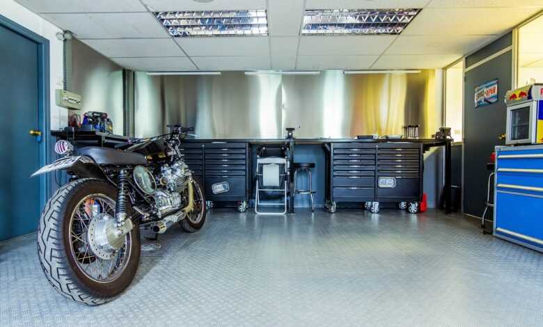 motorcycle, motorbike, garage