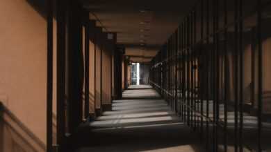 corridor, building, shadows