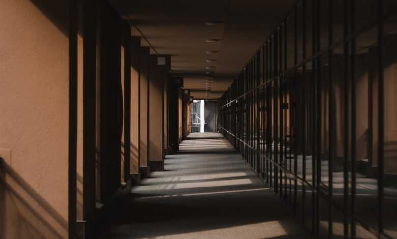 corridor, building, shadows