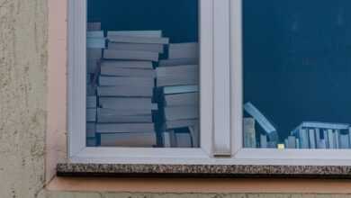 window, books, stack